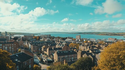 Fototapeta premium Scenic coastal town view with houses and rooftops under blue sky clouds