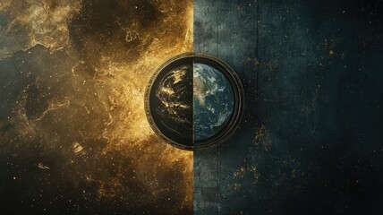 Earth with contrasting dark and light halves, symbolizing balance or duality