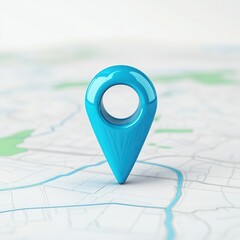 Fototapeta premium A vibrant blue location pin stands prominently on a detailed map, symbolizing navigation and exploration in the digital age.