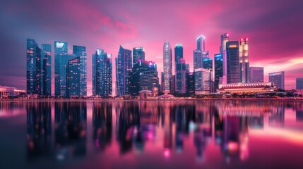 Fototapeta premium Glowing Futuristic Cityscape with Illuminated Skyscrapers Reflecting in River at Sunset