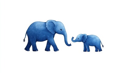 Obraz premium Two blue elephants, a parent and child, interact playfully against a simple white background