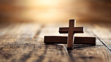 Wooden Cross Displayed on Rustic Wooden Table with Sunlit Background : Generative AI