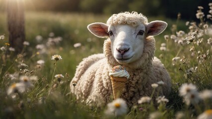 Obraz premium A sheep sitting in a field, playfully holding an ice cream cone.