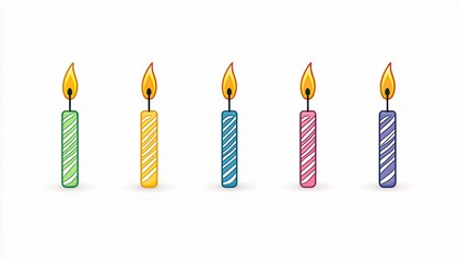 Colorful birthday candles with flames arranged in a row on a white background, ideal for celebrations (3)
