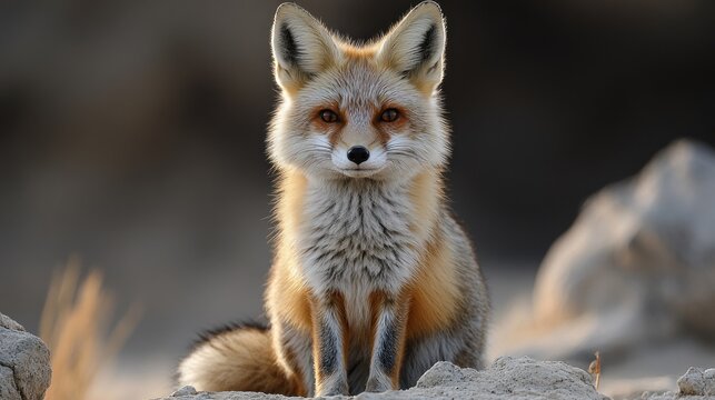 Portrait of a fox with striking orange eyes and a mix of gray and orange fur