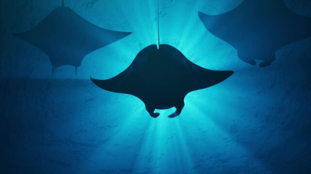 A group of manta rays swims underwater in the sun's rays