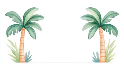 Obraz premium Watercolor illustration of two palm trees framing a blank space for tropical-themed designs