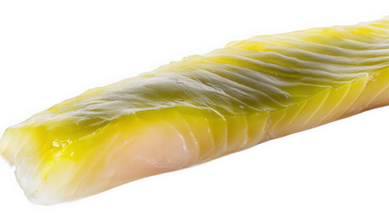 a piece of sushi. showcasing a slice of fish with a glossy. vibrant green topping. likely representing a type of fish used in sushi preparation the smooth texture and colors suggest freshness. appeali