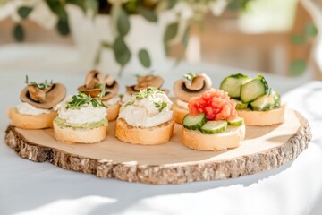 Mini bruschettas featuring goat cheese, tomato jam, and fresh vegetables
