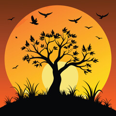 Silhouette of bird flying on sunset orange sky background Generative AI