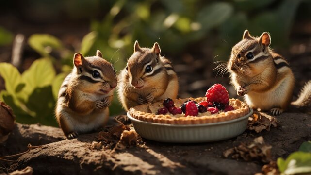 Three chipmunks enjoying a berry tart in a natural setting.