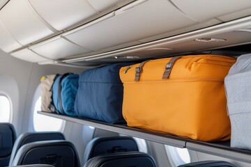 Long Haul Flights Luggage stored in an airplane overhead compartment.