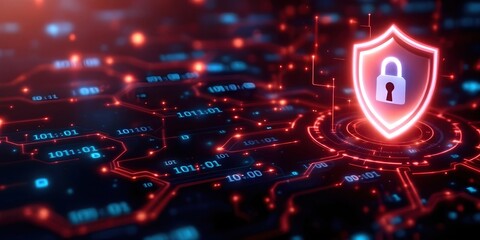 Fototapeta premium A glowing digital padlock surrounded by binary code and a shield symbol, represents data protection in a dark, futuristic setting