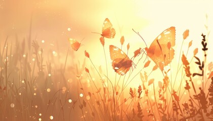 Silhouettes of butterflies flying in a field of tall grass at sunset.
