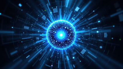 Obraz premium Futuristic AI technology with blue holographic interface.