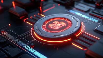 A futuristic circuit board design featuring glowing red accents, showcasing intricate details and a central emblem.