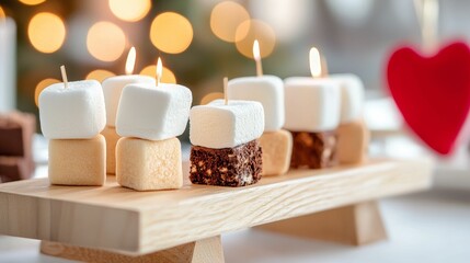 valentine dessert sweet decadent concept, A cozy display of marshmallow and chocolate treats with candles, creating a warm, festive atmosphere.