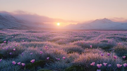 Obraz premium Sunset over frosty meadow with blooming pink flowers and snowy mountains
