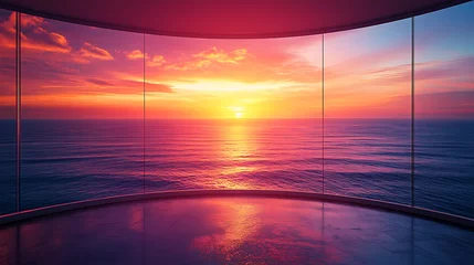 stunning sunset view from modern curved glass window overlooking ocean, with vibrant colors reflecting on water surface, creating serene atmosphere