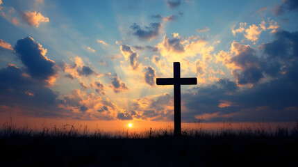 Dramatic Sunset with Silhouette of Cross on Hilltop Symbolizing Faith and Hope : Generative AI