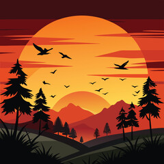 landscape in sunset with silhouette birds