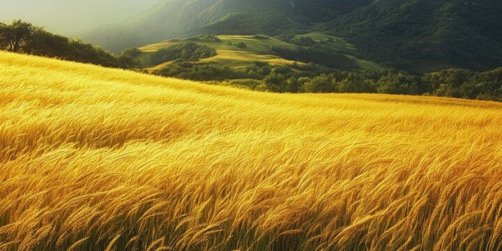 Golden wheat grass fields undulating over rolling hills with lush green trees in the background under a hazy blue sky during golden hour. - Powered by Adobe