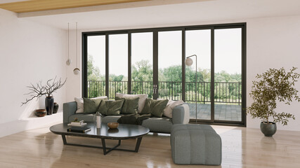 Large luxury modern bright interiors Living room mockup illustration 3D rendering image