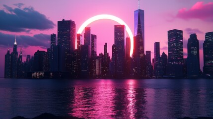 Fototapeta premium Mesmerizing Cityscape at Sunset with Mirrored Skyscrapers Reflecting Vibrant Skies