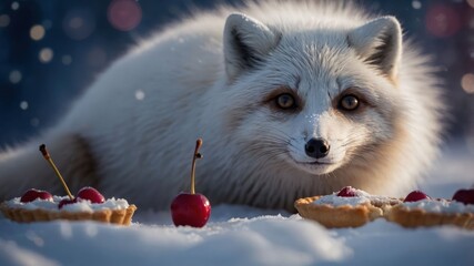 Obraz premium A white fox curiously gazes at cherry-topped pastries in a snowy landscape.