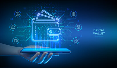 Fototapeta premium Digital wallet. E-wallet. Online payment via a digital wallet in a banking application using a smartphone. Mobile banking, money transaction, e-commerce. Circuit board background. Vector Illustration.