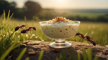 A bowl of yogurt with granola surrounded by ants in a grassy field at sunset.