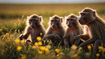 Naklejka premium Four baboons sitting together in a grassy field during sunset.