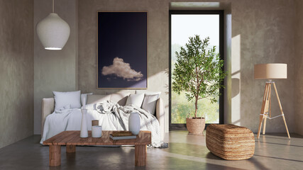 Large luxury modern bright interiors Living room mockup illustration 3D rendering image