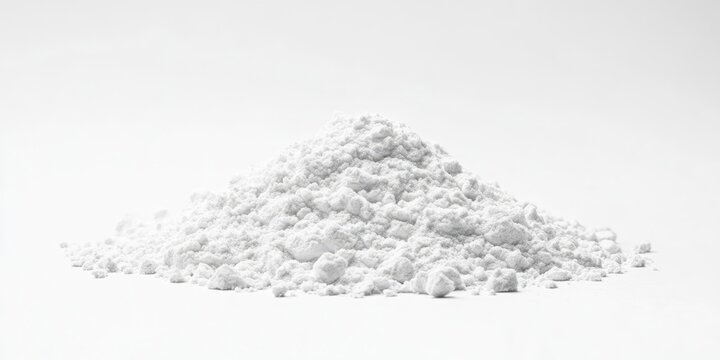 White crystalline zinc iodide powder in a mound with fine texture on a pure white background, highlighting its chemical composition and purity.