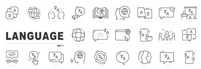 Set of language related line icons. Translator, talk, global etc. Editable stroke.