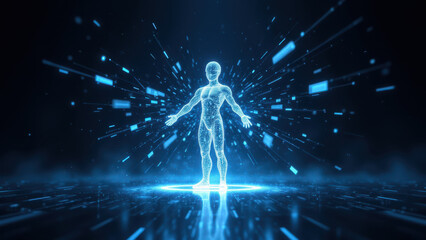 This is an artistic digital illustration depicting a humanoid figure with AI-like characteristics, standing amidst a futuristic technological explosion with a cybernetic feel.