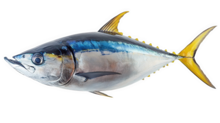 realistic depiction of a whole tuna fish. showcasing its sleek body. distinctive coloration with blue and silver hues. and prominent yellow fins this representation highlights the fish's anatomical fe