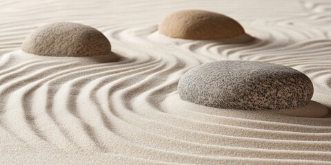 Obraz premium Tranquil zen sand garden featuring three smooth stones positioned on gently rippling lines of soft beige sand creating a serene spa ambiance