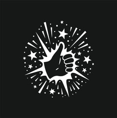 Design A White Silhouette-Style Vector Graphic On A Black Background A Hand Making A Thumbs-Up Gesture.