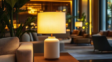 A white ceramic lamp with a linen shade stands in the center of an elegant hotel lobby, surrounded by comfortable sofas and soft lighting. 