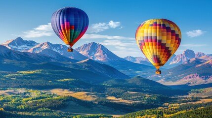 Obraz premium Breathtaking Mountain Landscape with Colorful Hot Air Balloons Soaring in the Sky