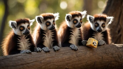 Obraz premium Four lemurs sitting on a log, observing their surroundings while one holds a piece of food.