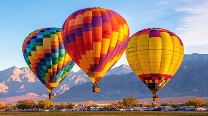 Fototapeta premium Colorful Hot Air Balloons Floating Over Majestic Mountain Landscape