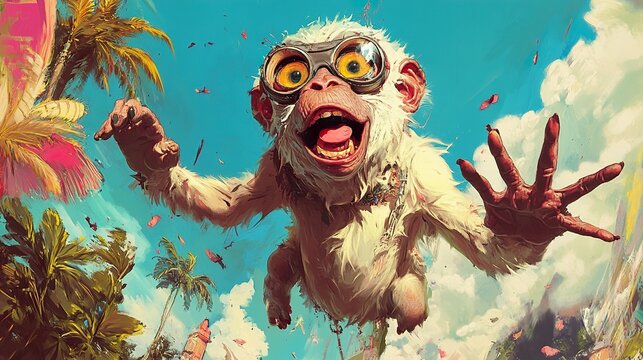 Joyful Monkey in Tropical Paradise: A Whimsical Flight
