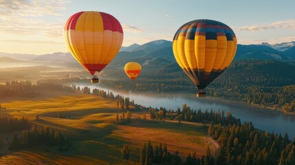 Obraz premium Stunning Aerial Landscape with Hot Air Balloons Floating over Picturesque Mountain Scenery at SunriseSunset