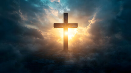 Majestic cross silhouetted against dramatic sunset sky with sun rays creating a spiritual and uplifting scene : Generative AI