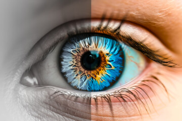 Naklejka premium A close up of a vibrant blue eye with detailed iris and long eyelashes, set against a clean white background. Ideal for beauty, vision, or health concepts