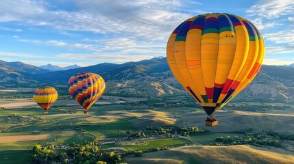 Obraz premium Colorful Hot Air Balloons Floating Over Scenic Mountain Landscape During Peaceful Outdoor Adventure