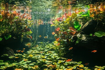 Freshwater aquarium with live plants.Tranquil underwater scene with aquatic plants and small fish in a natural habitat