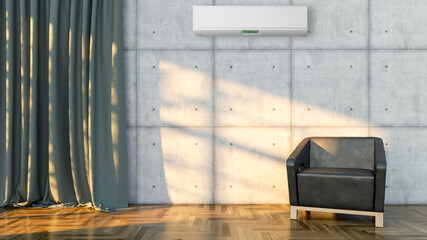 large luxury modern bright interiors room with air conditioning mockup illustration 3D rendering